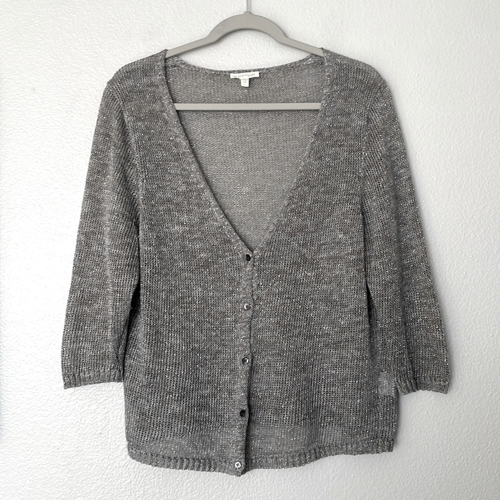 Eileen Fisher Silver Gray Sparkle Linen Web Linen Blend Mesh Cardigan Size Large